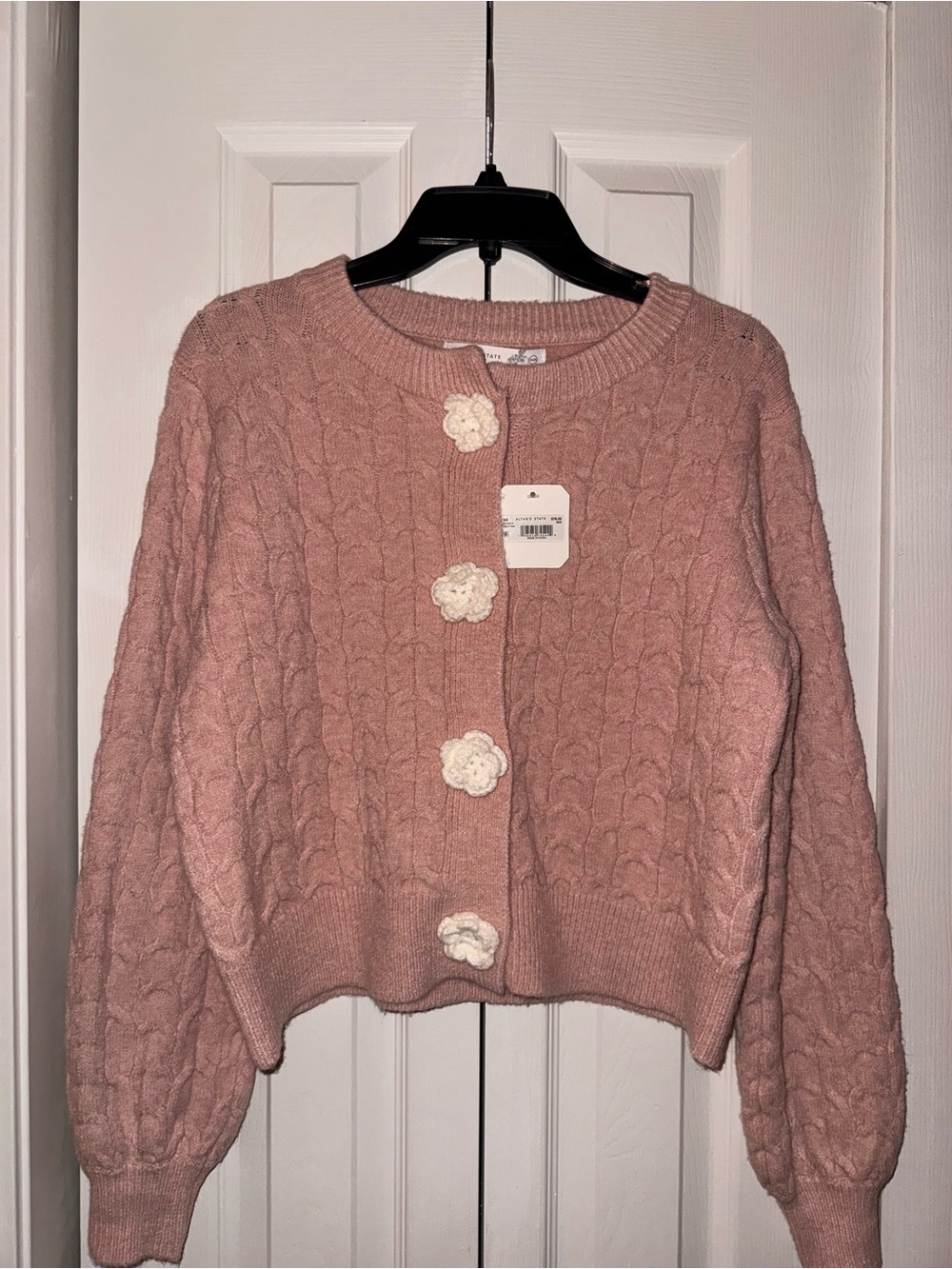 Altar'd State Blush Pink Cable Knit Cardigan with Floral Buttons NWT - Picture 2 of 4
